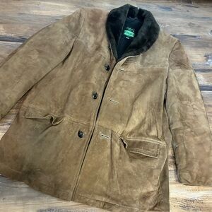 Grais Vintage Mens 40 Suede Leather Rancher Coat Faux Fur 70s Cow Hide Tan Brown